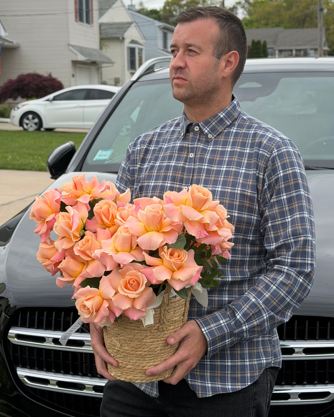 French Peach Roses Basket