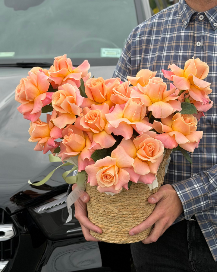 French Peach Roses Basket