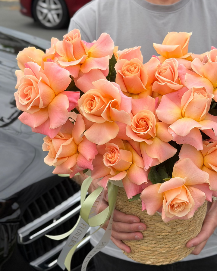 French Peach Roses Basket