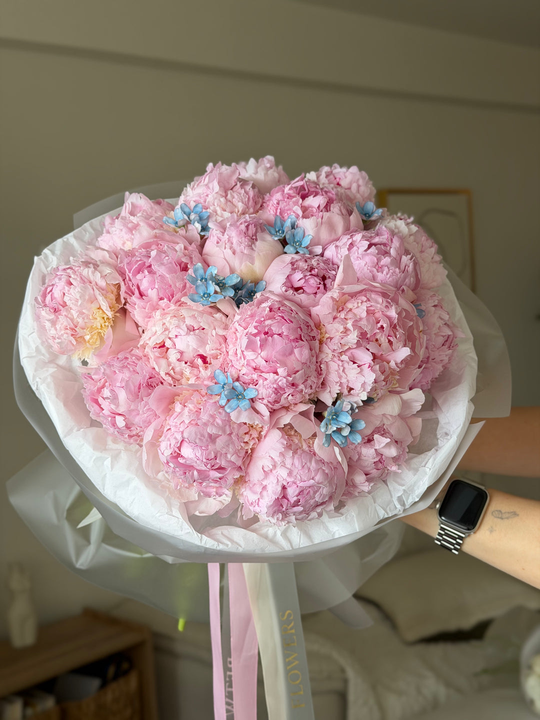 Peonies with Blue Accents